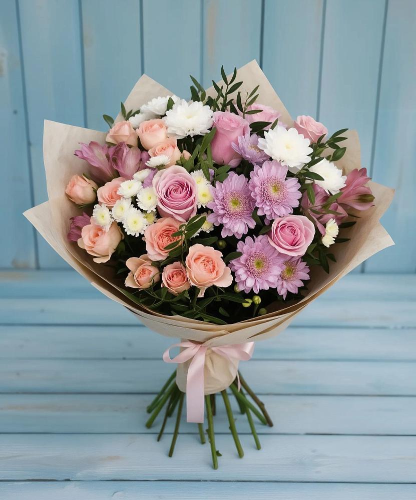 Букет цветов из: Хризантемы, Розы и Альстромерии в Ижморском