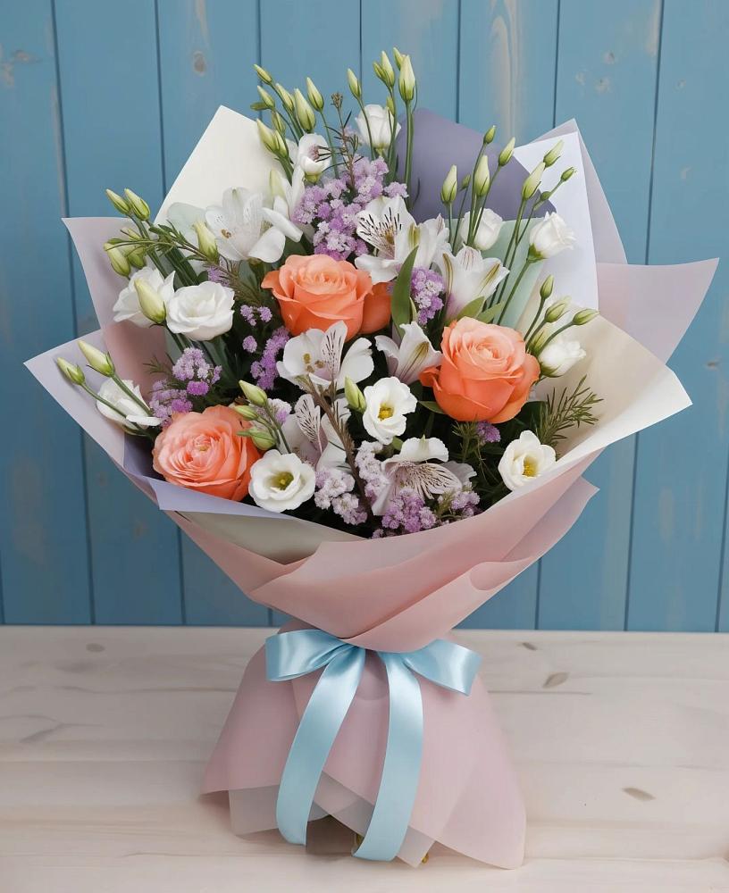 Букет цветов из: Лизиантусы, Розы, Альстромерии и Гипсофила в Ижморском