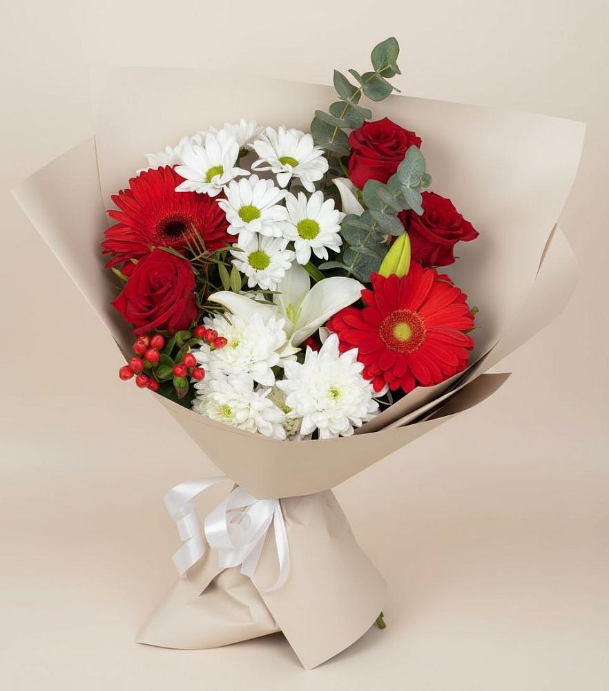 Букет цветов из: Розы, Хризантемы, Герберы и Лилии в Ижморском