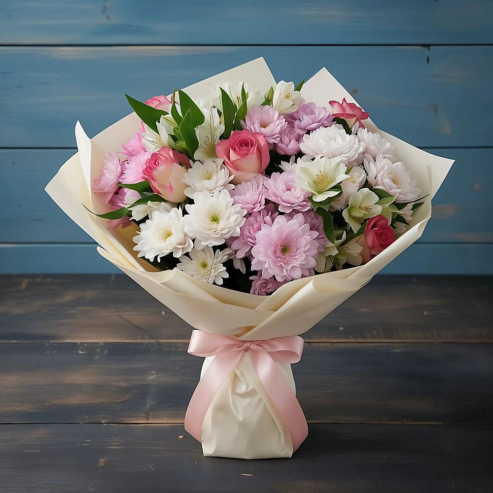 Букет цветов из: Хризантемы, Альстромерии и Розы в Ижморском